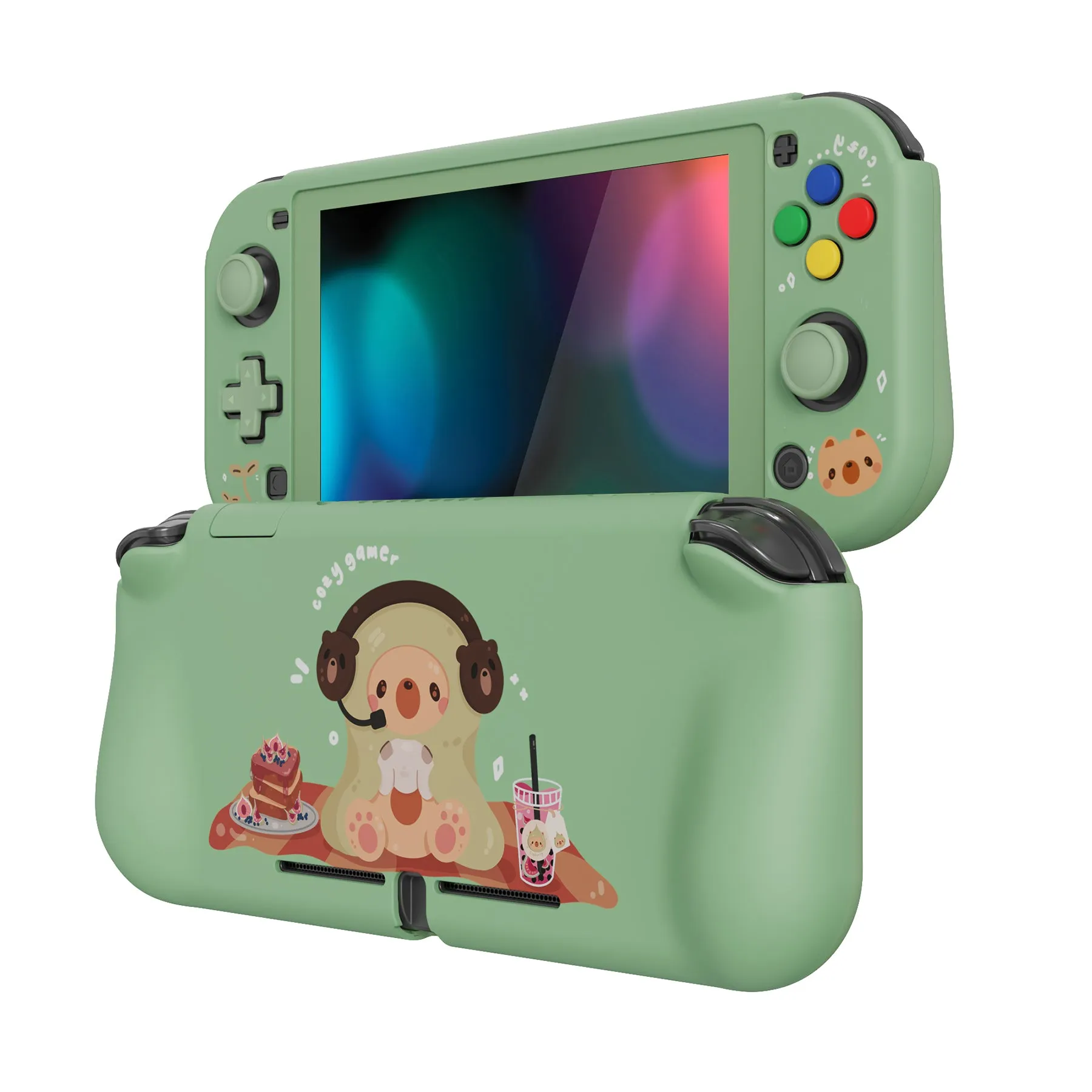 PlayVital ZealProtect Protective Case for Nintendo Switch Lite, Hard Shell Ergonomic Grip Cover for Switch Lite w/Screen Protector & Thumb Grip Caps & Button Caps - Cozy Gamer Bear - PSLYR016