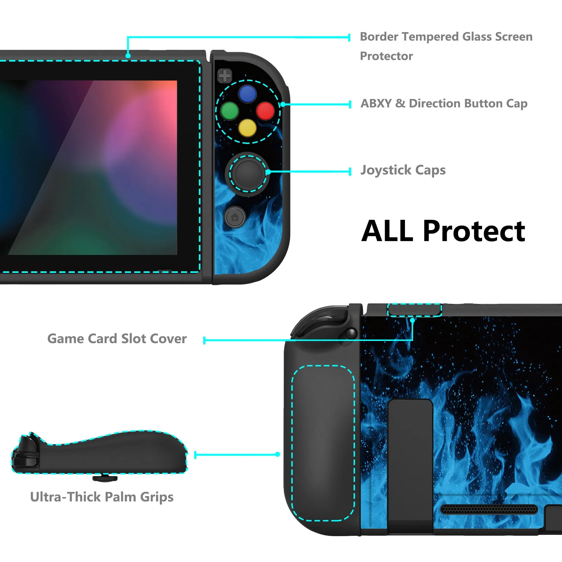 PlayVital ZealProtect Soft Protective Case for Nintendo Switch, Flexible Cover Protector for Nintendo Switch with Tempered Glass Screen Protector & Thumb Grip Caps & ABXY Direction Button Caps - Blue Flame - RNSYV6003