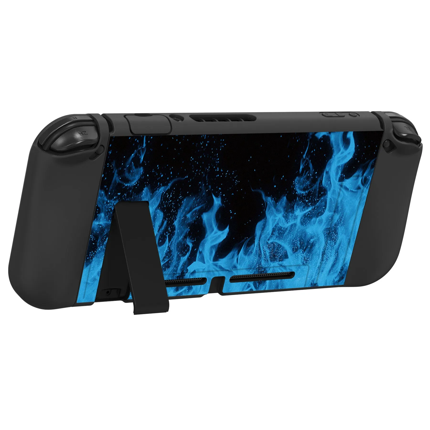 PlayVital ZealProtect Soft Protective Case for Nintendo Switch, Flexible Cover Protector for Nintendo Switch with Tempered Glass Screen Protector & Thumb Grip Caps & ABXY Direction Button Caps - Blue Flame - RNSYV6003