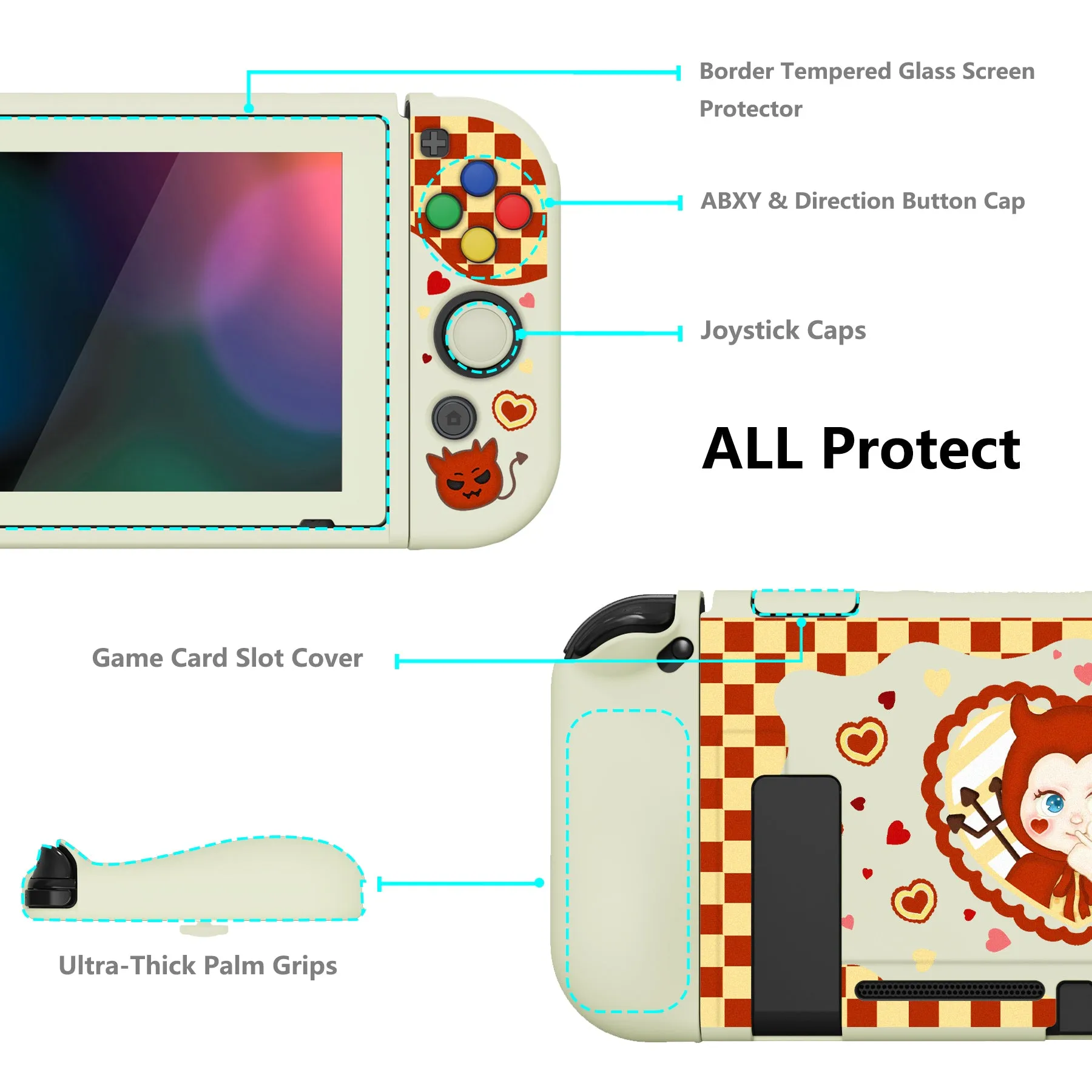 PlayVital ZealProtect Soft Protective Case for Nintendo Switch, Flexible Cover Protector for Nintendo Switch with Tempered Glass Screen Protector & Thumb Grip Caps & ABXY Direction Button Caps - Little Devils - RNSYV6027