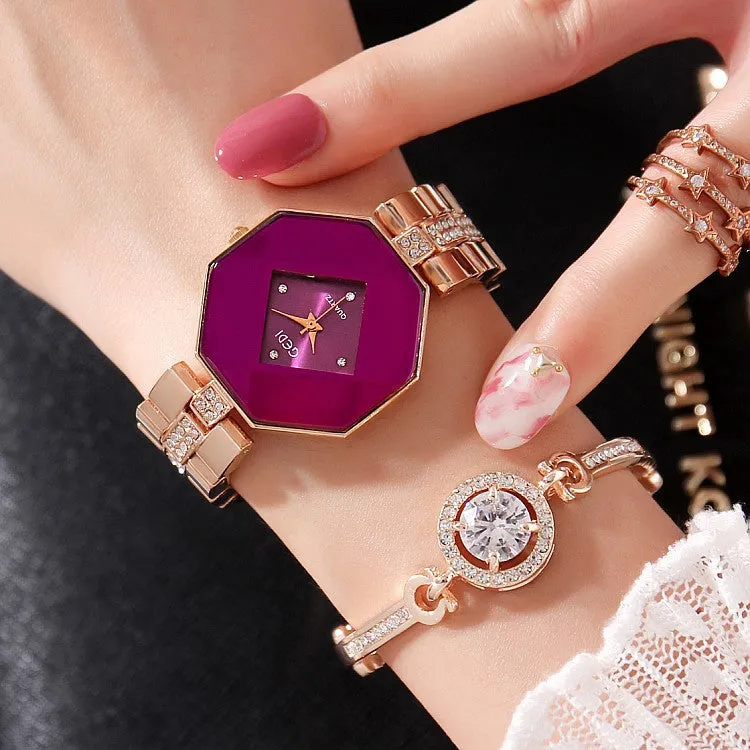 Rhombus-shaped Frame Women's Watch 2 Pcs Set