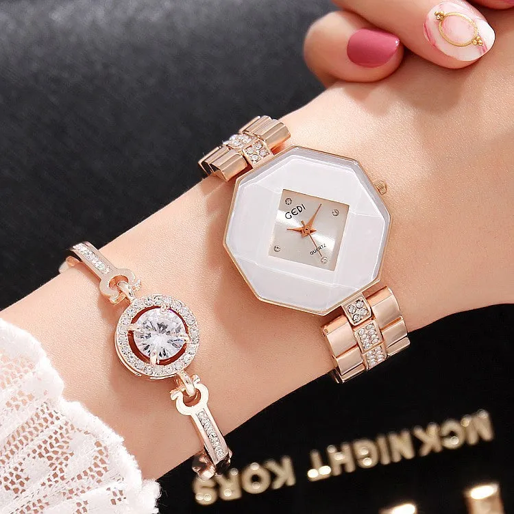 Rhombus-shaped Frame Women's Watch 2 Pcs Set