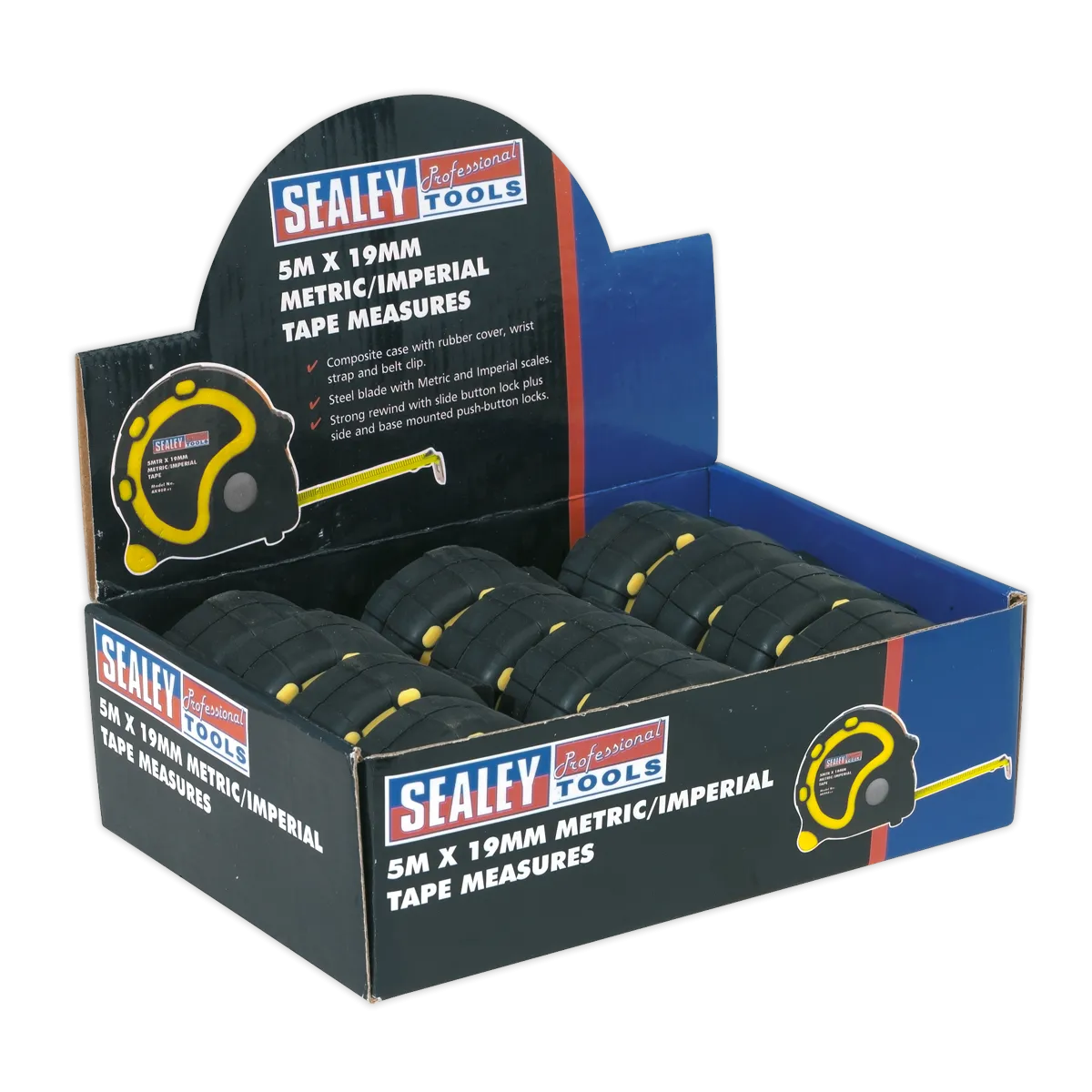 Rubber Tape Measure 5m(16ft) x 19mm Metric/Imperial Display Box of 12