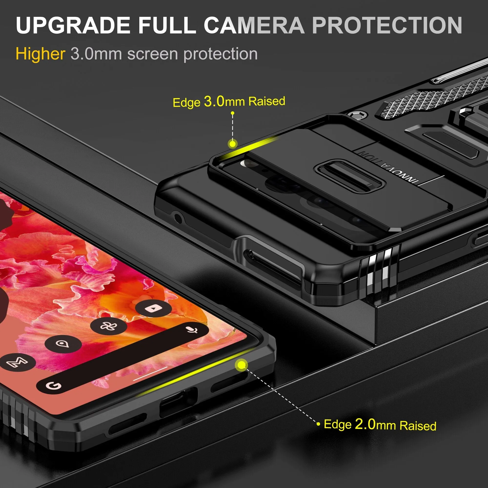 Shockproof TPU Armor Phone Case with Ring Kickstand Slide Lens Cover For Google Pixel 8 7