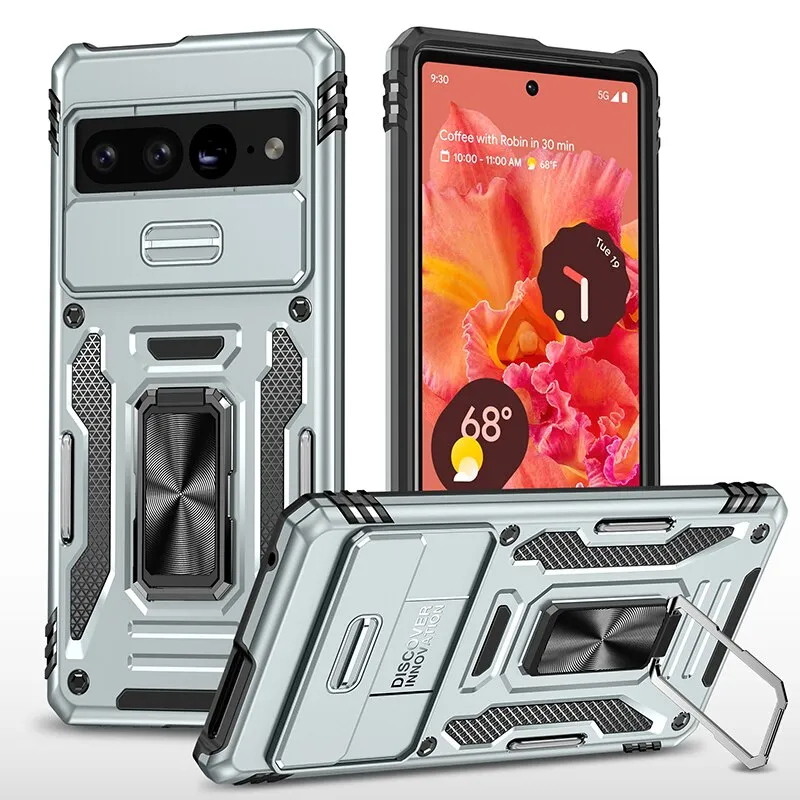 Shockproof TPU Armor Phone Case with Ring Kickstand Slide Lens Cover For Google Pixel 8 7