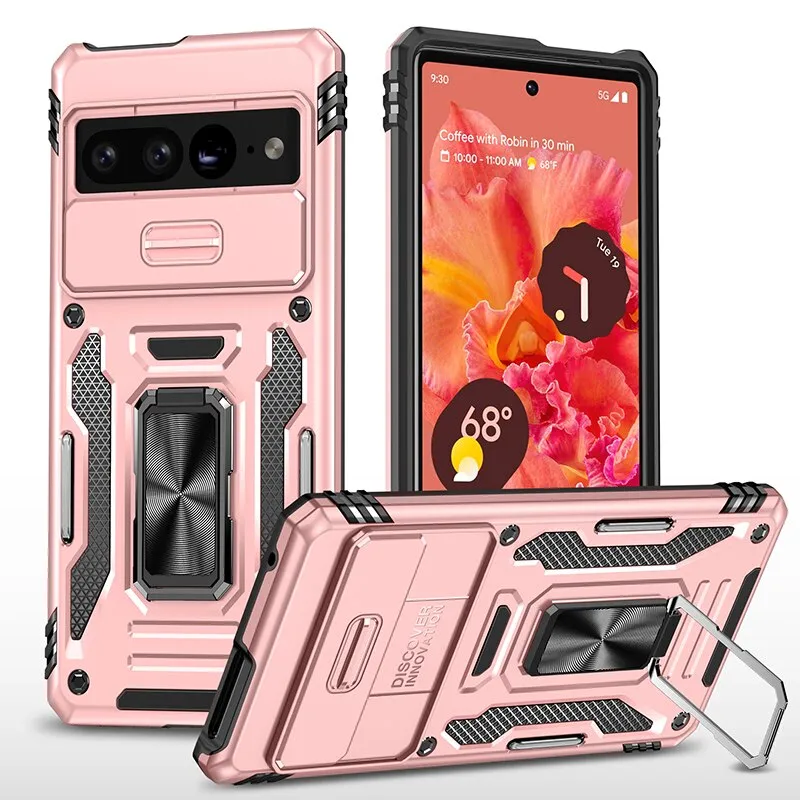 Shockproof TPU Armor Phone Case with Ring Kickstand Slide Lens Cover For Google Pixel 8 7