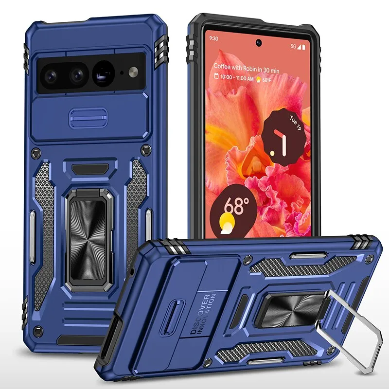 Shockproof TPU Armor Phone Case with Ring Kickstand Slide Lens Cover For Google Pixel 8 7