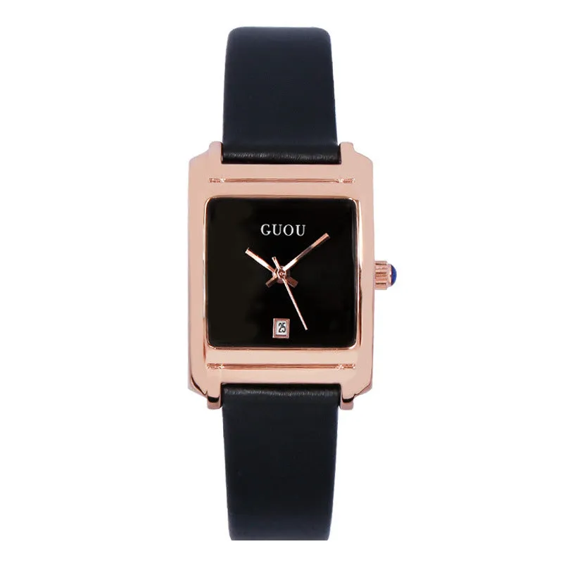 Square Pattern Leather Strap Women's Watch