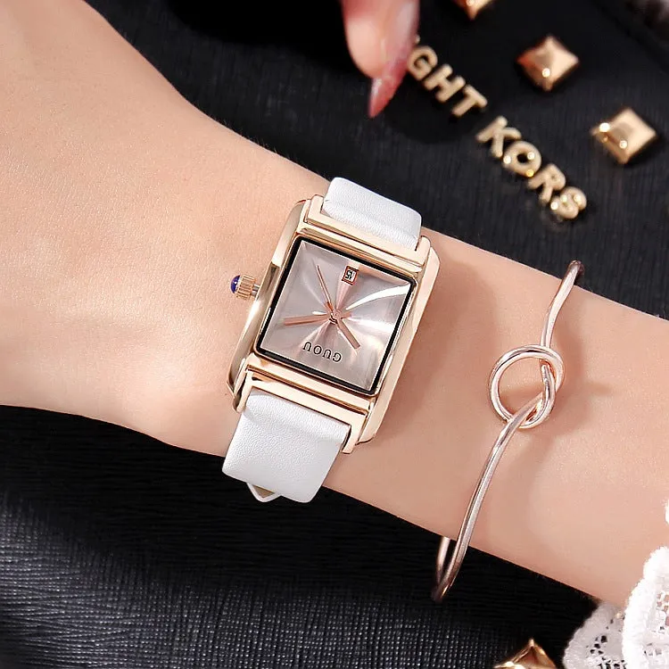 Square Pattern Leather Strap Women's Watch