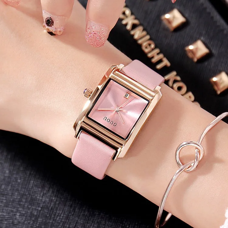 Square Pattern Leather Strap Women's Watch