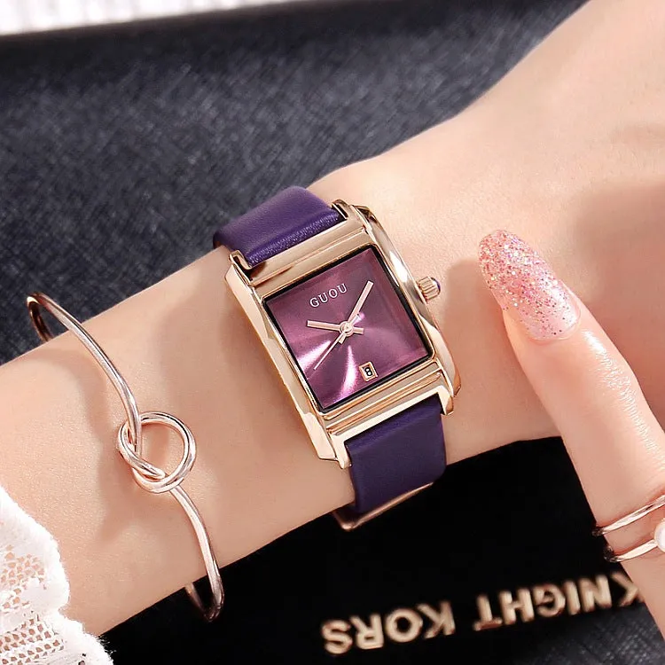 Square Pattern Leather Strap Women's Watch