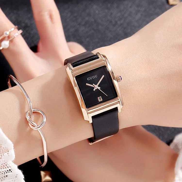 Square Pattern Leather Strap Women's Watch