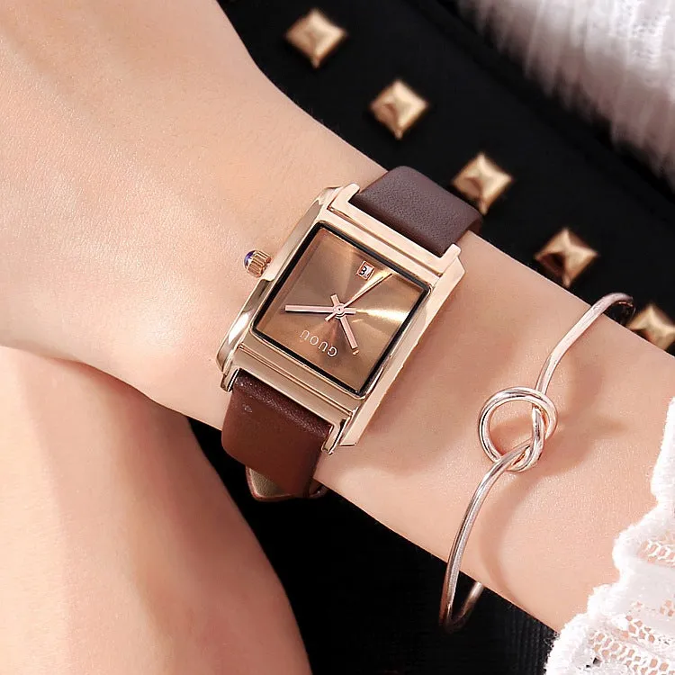 Square Pattern Leather Strap Women's Watch