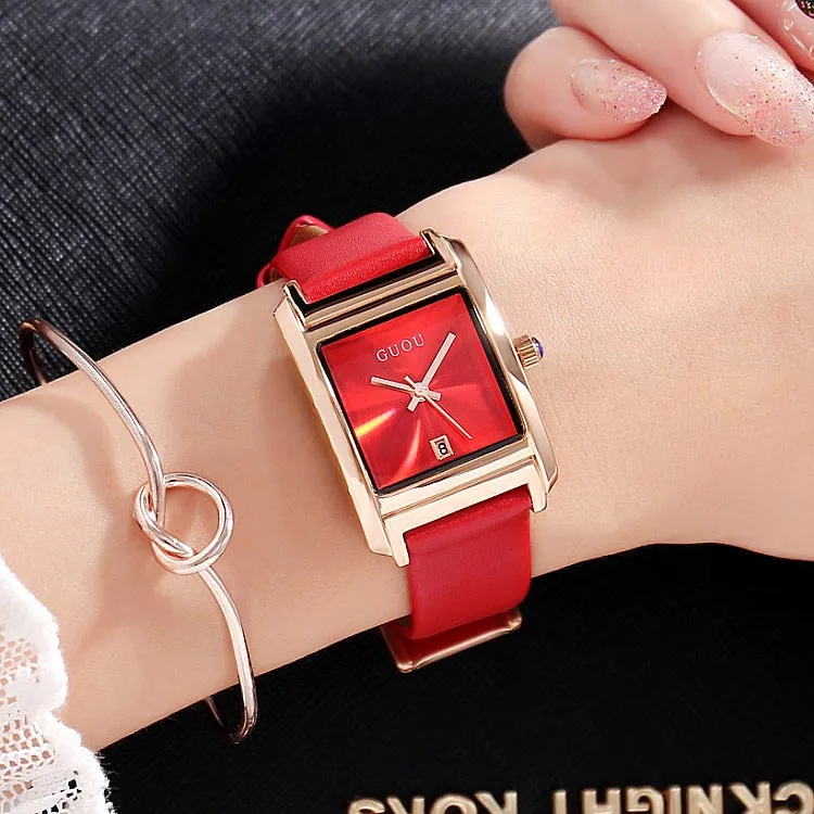 Square Pattern Leather Strap Women's Watch