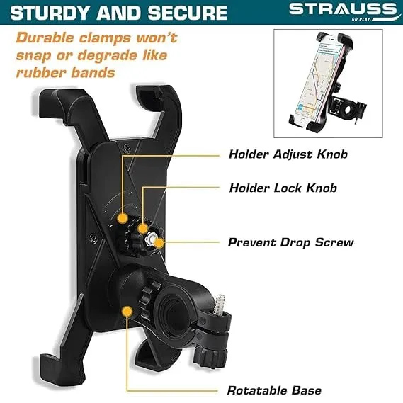 STRAUSS Bike Mobile Holder - Adjustable 360° Rotation Bicycle Phone Mount | Anti Shake and Stable Cradle Clamp | Bike Accessories | Bike Phone Holder for Maps and GPS Navigation (Black) | Pack of 10