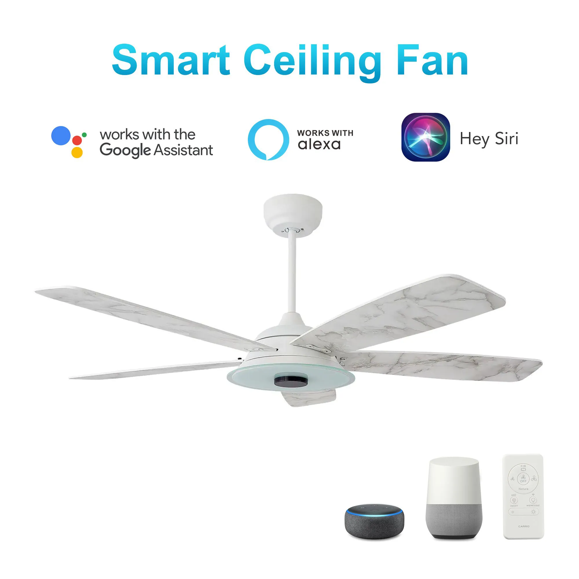 Striker White/White marble 5 Blade Smart Ceiling Fan with Dimmable LED Light Kit Works with Remote Control, Wi-Fi apps and Voice control via Google Assistant/Alexa/Siri