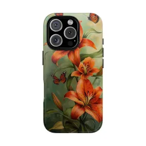 Tiger Lily Tough Phone Case, Flowers Floral Butterfly iPhone 16 15 14 13 Pro Max 12 11 8 Plus X XR XS Galaxy S24 S23 S22 S21 Google Pixel