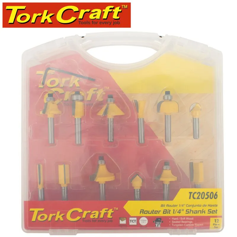 TORK CRAFT ROUTER BIT SET 12PC 1/4' STRAIGHT & PROFILE TC20506