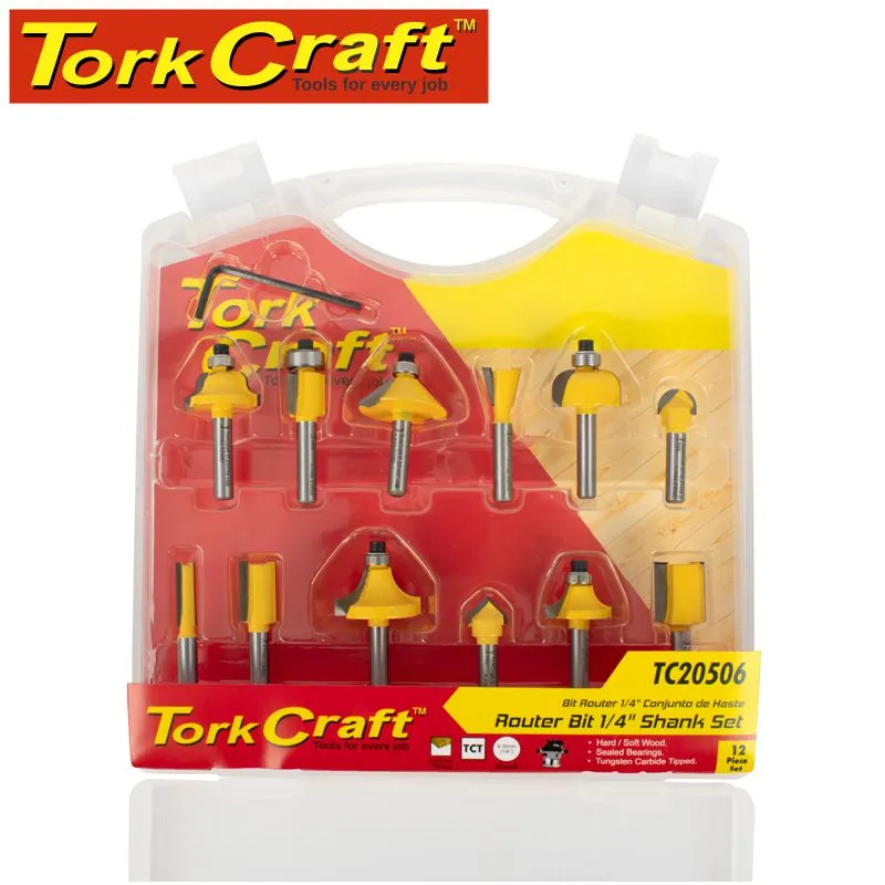 TORK CRAFT ROUTER BIT SET 12PC 1/4' STRAIGHT & PROFILE TC20506