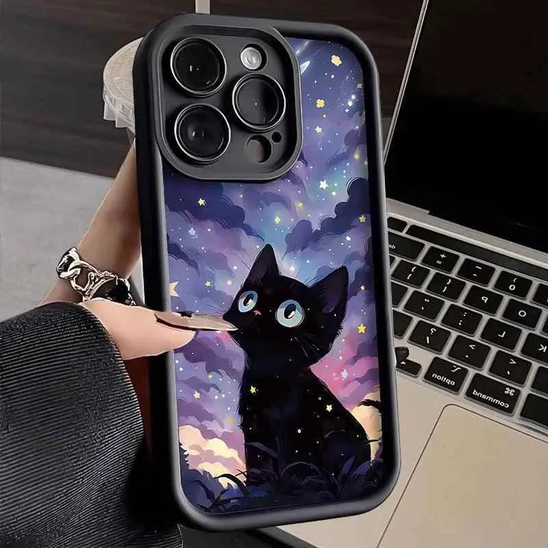 TSP136 Cute Phone Cases For iPhone 15, 14, 13, 12, 11 Pro Max, XS, XR, X, 8, 7 Plus, SE2, 14Pro, and 15Pro - Starry Sky With Cat Pattern