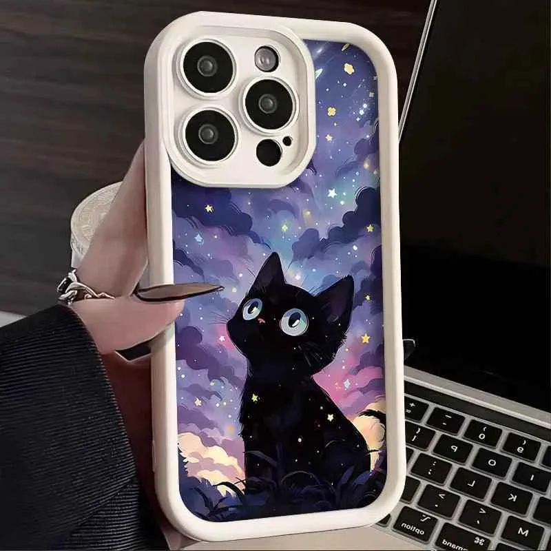 TSP136 Cute Phone Cases For iPhone 15, 14, 13, 12, 11 Pro Max, XS, XR, X, 8, 7 Plus, SE2, 14Pro, and 15Pro - Starry Sky With Cat Pattern