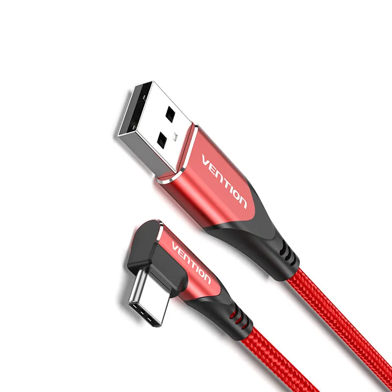 Vention Right Angle Type-C Male to USB 2.0-A Male Nickel Plated Red Braided 3A Fast Charging Cable with 480Mbps Transfer Speed for Smartphones (Available in 1M, 1.5M, 2M) | COER