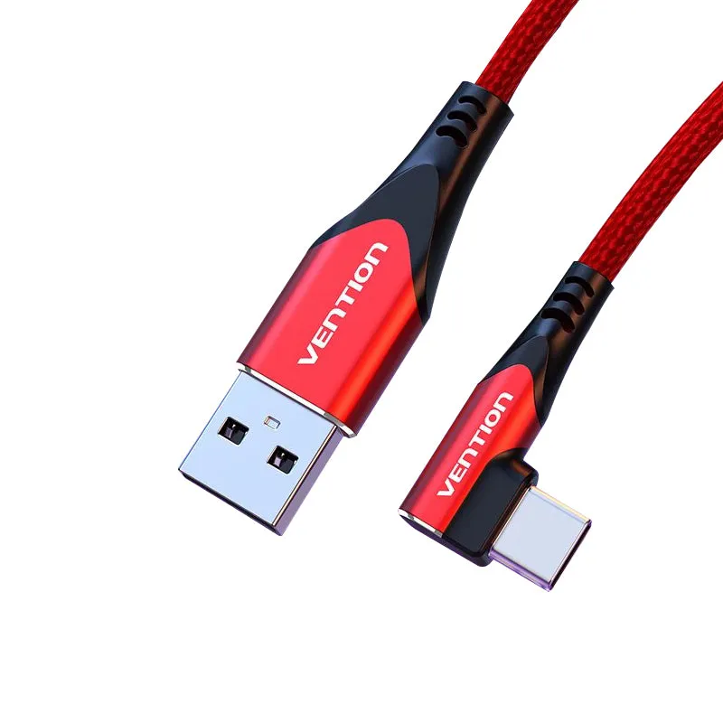 Vention Right Angle Type-C Male to USB 2.0-A Male Nickel Plated Red Braided 3A Fast Charging Cable with 480Mbps Transfer Speed for Smartphones (Available in 1M, 1.5M, 2M) | COER