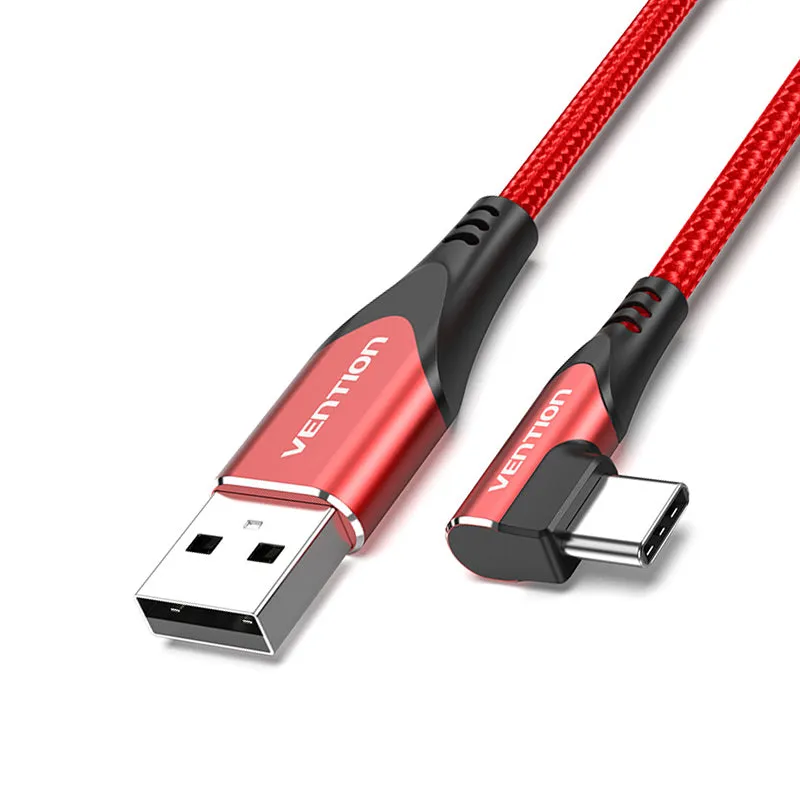 Vention Right Angle Type-C Male to USB 2.0-A Male Nickel Plated Red Braided 3A Fast Charging Cable with 480Mbps Transfer Speed for Smartphones (Available in 1M, 1.5M, 2M) | COER