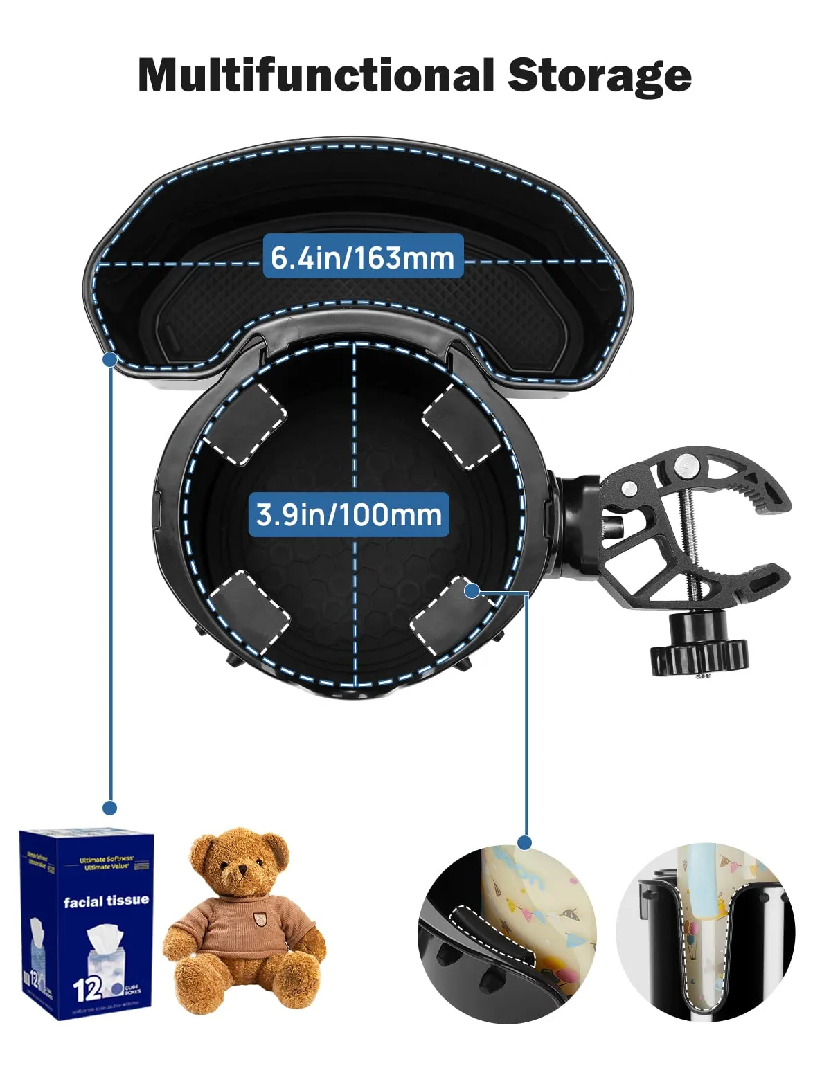 Wheelchair Cup Holder, 2-in-1 Walker Cup Holder with Storage Box, Cup Drink Holder for Bottle with Handle