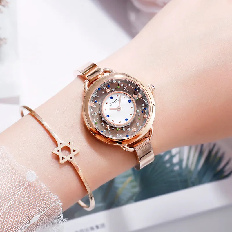 Women's Watch Gypsophila Pattern Hollow large dial stainless steel strap creative watch