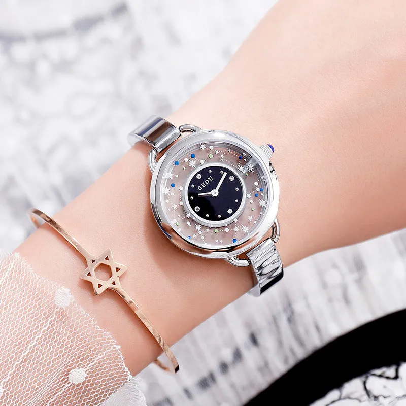 Women's Watch Gypsophila Pattern Hollow large dial stainless steel strap creative watch