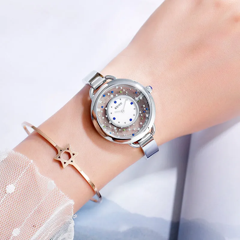 Women's Watch Gypsophila Pattern Hollow large dial stainless steel strap creative watch