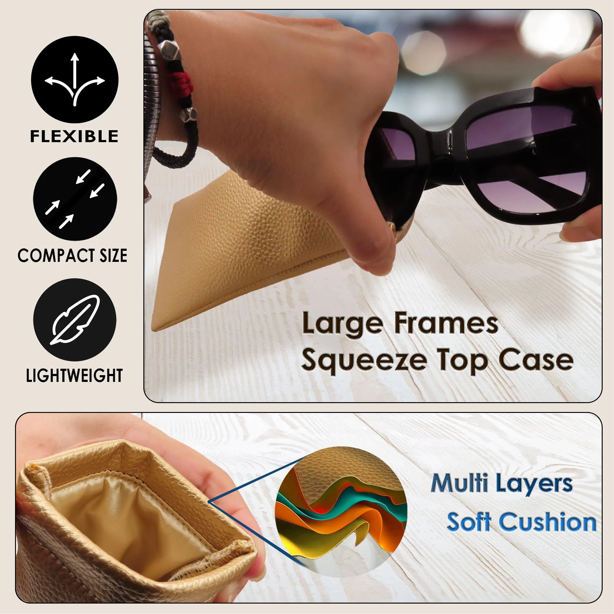 XL Soft Sunglasses Case Large Squeeze Top - Eyeglass Pouch w/Microfiber Cloth - Passport Holder - Accessory Pouch (CT8 Gold)