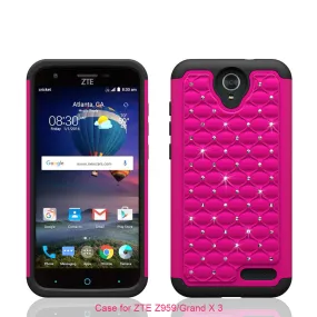 ZTE Grand X3, ZMAX Grand, ZMAX Champ, Warp 7, Avid 916 Case, Rhinestone Case Cover, Slim Hybrid Dual Layer[Shock Resistant] Crystal Rhinestone Studded Case Cover - Hot Pink/Black