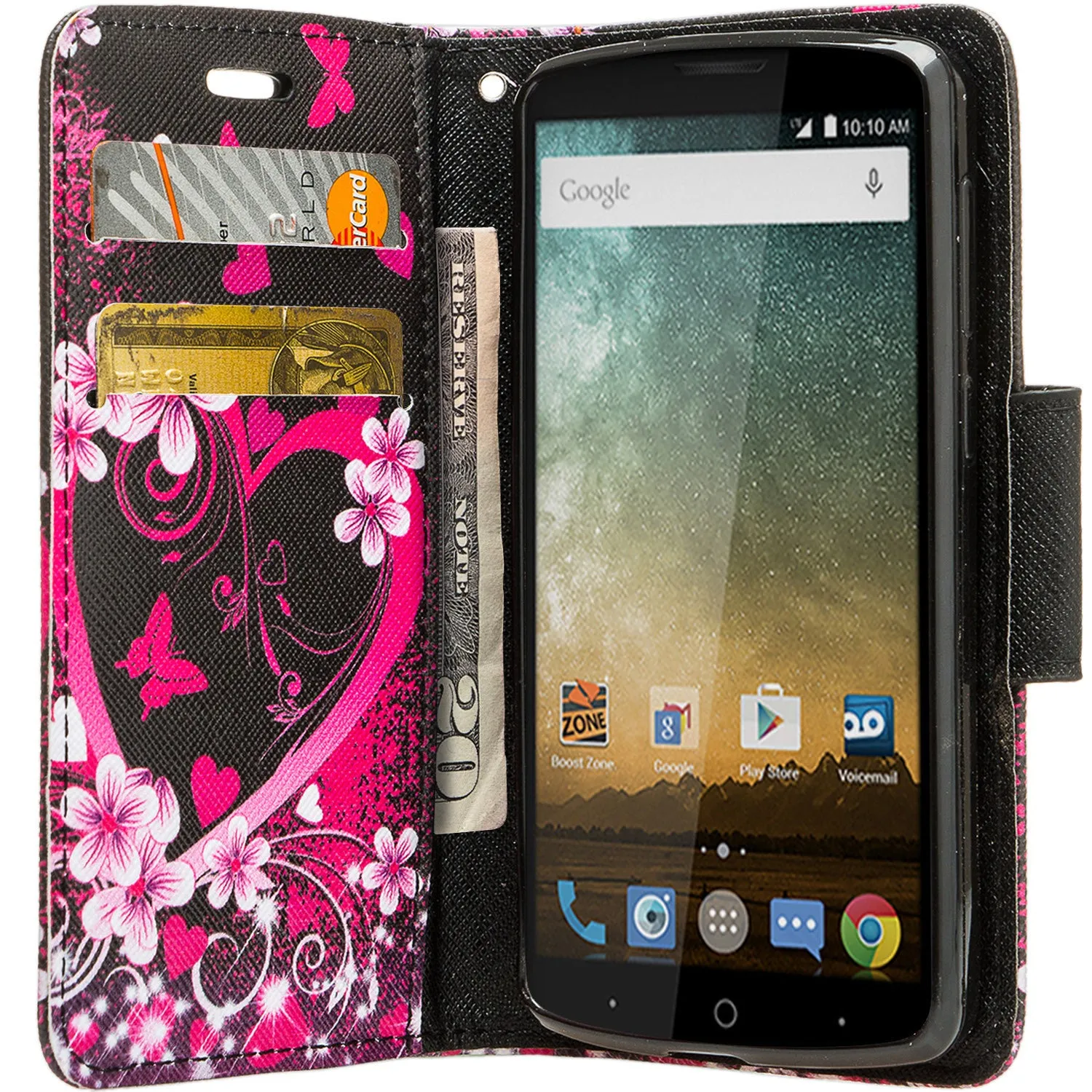 ZTE Ultra Case | ZTE Quest | ZTE Uhura Case, Wrist Strap Magnetic Flip Fold[Kickstand] Pu Leather Wallet Case with ID & Credit Card Slots for ZTE Ultra/Quest/Uhura - Heart Butterflies