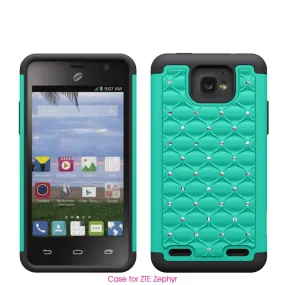 ZTE Zephyr Rhinestone Case, Slim Hybrid Dual Layer[Shock Resistant] Crystal Rhinestone Studded Case Cover -  Teal/Black